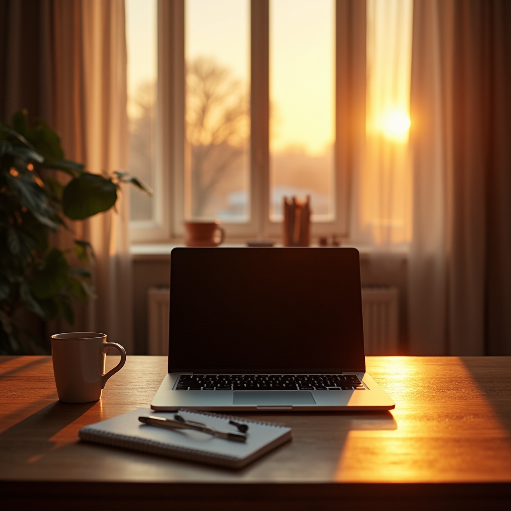 Zamknięty laptop na biurku o zachodzie słońca, koniec dnia pracy